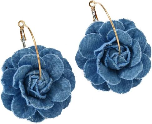 Denim Camellia Flower Dangle Earrings for Women Girls Cowboy Statement Big Exaggerated Fabric Hoop Huggie Blue Floral Studs Gold Plated Long Drop Dangling Earring Fashion Jewelry Gifts in Saudi Arabia