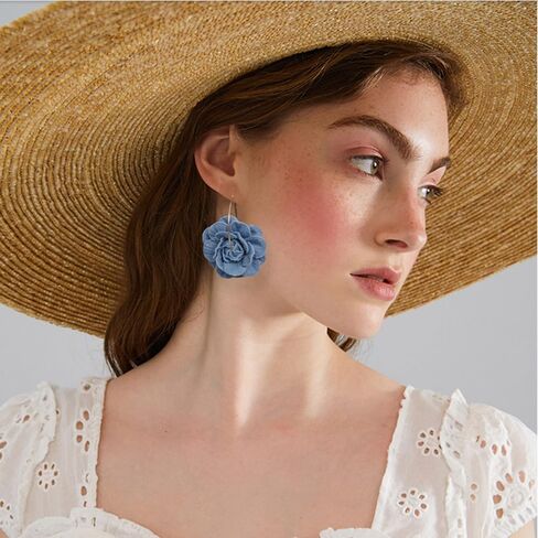 Denim Camellia Flower Dangle Earrings for Women Girls Cowboy Statement Big Exaggerated Fabric Hoop Huggie Blue Floral Studs Gold Plated Long Drop Dangling Earring Fashion Jewelry Gifts in Saudi Arabia