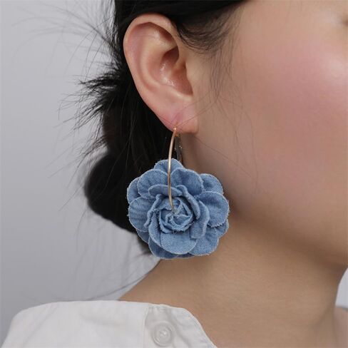 Denim Camellia Flower Dangle Earrings for Women Girls Cowboy Statement Big Exaggerated Fabric Hoop Huggie Blue Floral Studs Gold Plated Long Drop Dangling Earring Fashion Jewelry Gifts in Saudi Arabia