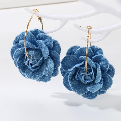 Denim Camellia Flower Dangle Earrings for Women Girls Cowboy Statement Big Exaggerated Fabric Hoop Huggie Blue Floral Studs Gold Plated Long Drop Dangling Earring Fashion Jewelry Gifts in Saudi Arabia