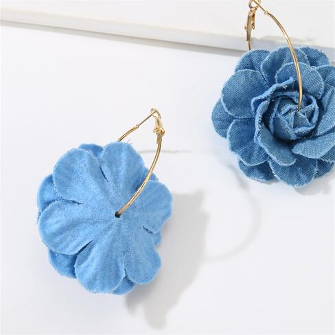 Denim Camellia Flower Dangle Earrings for Women Girls Cowboy Statement Big Exaggerated Fabric Hoop Huggie Blue Floral Studs Gold Plated Long Drop Dangling Earring Fashion Jewelry Gifts in Saudi Arabia