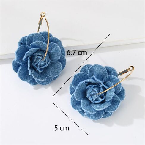 Denim Camellia Flower Dangle Earrings for Women Girls Cowboy Statement Big Exaggerated Fabric Hoop Huggie Blue Floral Studs Gold Plated Long Drop Dangling Earring Fashion Jewelry Gifts in Saudi Arabia
