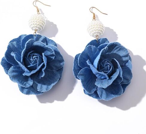 Denim Camellia Flower Dangle Earrings for Women Girls Cowboy Statement Big Exaggerated Fabric Hoop Huggie Blue Floral Studs Gold Plated Long Drop Dangling Earring Fashion Jewelry Gifts in Saudi Arabia