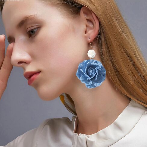 Denim Camellia Flower Dangle Earrings for Women Girls Cowboy Statement Big Exaggerated Fabric Hoop Huggie Blue Floral Studs Gold Plated Long Drop Dangling Earring Fashion Jewelry Gifts in Saudi Arabia