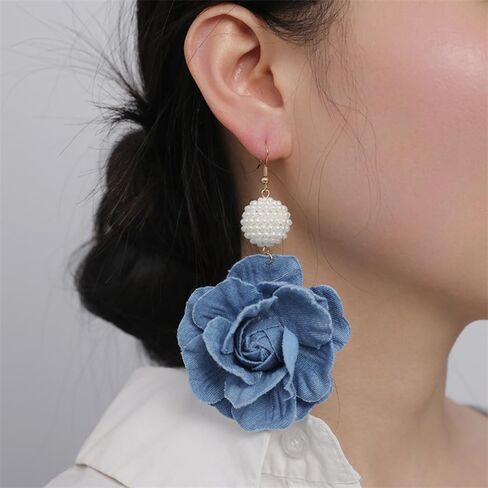 Denim Camellia Flower Dangle Earrings for Women Girls Cowboy Statement Big Exaggerated Fabric Hoop Huggie Blue Floral Studs Gold Plated Long Drop Dangling Earring Fashion Jewelry Gifts in Saudi Arabia