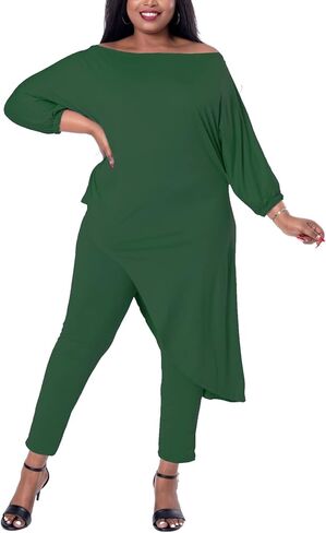 ملابس مقاس كبير مكونة من قطعتين للنساء طقم بدلة ركض بأكمام متوسطة وأكتاف مائلة غير متماثلة in Kuwait