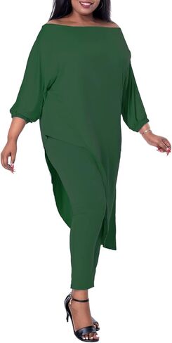 ملابس مقاس كبير مكونة من قطعتين للنساء طقم بدلة ركض بأكمام متوسطة وأكتاف مائلة غير متماثلة in Kuwait