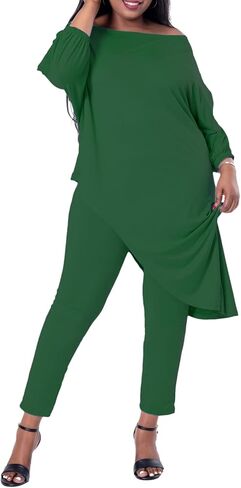 ملابس مقاس كبير مكونة من قطعتين للنساء طقم بدلة ركض بأكمام متوسطة وأكتاف مائلة غير متماثلة in Kuwait