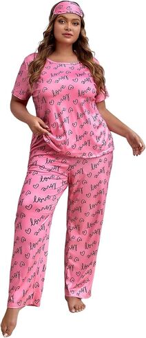 Verdusa Women's Plus Size Casual Heart and Letter Graphic Pajama Set With Eye Mask in Saudi Arabia