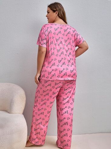 Verdusa Women's Plus Size Casual Heart and Letter Graphic Pajama Set With Eye Mask in Saudi Arabia