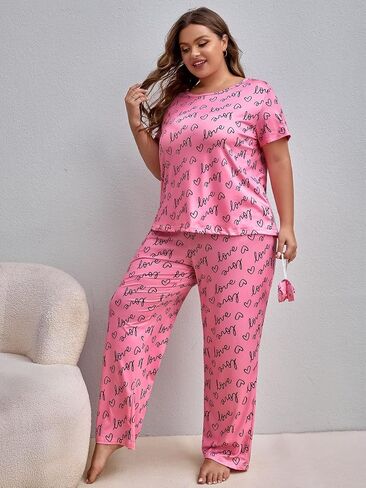 Verdusa Women's Plus Size Casual Heart and Letter Graphic Pajama Set With Eye Mask in Saudi Arabia