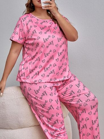 Verdusa Women's Plus Size Casual Heart and Letter Graphic Pajama Set With Eye Mask in Saudi Arabia