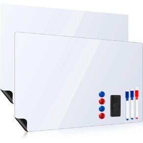 Magnetic Dry Erase White Boards for Refrigerator, 2 Pack 17"x12" Fridge Whiteboards Menu Organizer Boards, 3 Markers with Eraser, 1 Big Dry Eraser and 4 Pin Magnets for Grocery List, Planner, Kitchen