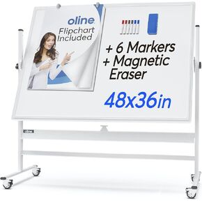Oline Mobile Whiteboard 48 x 36" Inch Large Height Adjust 360° Magnetic Rolling Double Sided Reversible Dry Erase Board (48x36, White & Silver)