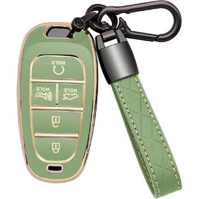 for Hyundai Key Fob Cover 5 Button Soft TPU with Leather Keychain 360 Degree Protection Car Key Case Shell Holder Fits for 2023 2022 2021 2020 Hyundai Sonata Santa fe Tucson, A Black