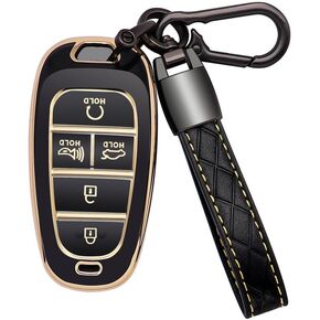 for Hyundai Key Fob Cover 5 Button Soft TPU with Leather Keychain 360 Degree Protection Car Key Case Shell Holder Fits for 2023 2022 2021 2020 Hyundai Sonata Santa fe Tucson, A Black