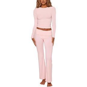 Mxiqqpltky Women Sexy 2 Piece Outfits Long Sleeve Crewneck Slim Fit Crop Tops and Low Waist Flare Pants Lounge Yoga Tracksuit