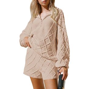 Viottiset Women's 2 Piece Outfits Lounge Sweater Set Zip Collar Long Sleeve Top Knit Shorts Pants Sets