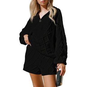 Viottiset Women's 2 Piece Outfits Lounge Sweater Set Zip Collar Long Sleeve Top Knit Shorts Pants Sets