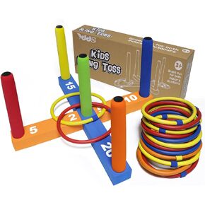 Ring Toss Game for Kids, Indoor & Outdoor Game for Family and Adults with 5 Poles, 2 Bases and 16 Rings in 4 Colors, Soft Foam Toy for Kids Backyard Ring Toss Fun