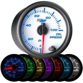 GlowShift White 7 Color 100 PSI Oil Pressure Gauge Kit - Includes Electronic Sensor - White Dial - Clear Lens - for Car & Truck - 2-1/16" 52mm