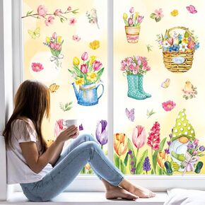 AnyDesign 6 Sheet Spring Summer Window Clings Flower Butterfly Truck Gnome Window Decal Double-Sided Watercolor Floral Blossom Window Decor for Home Shop Office School Decor
