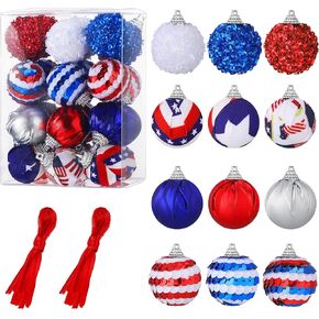 24 Pieces Independence Day Mini Balls Ornaments for Tree, 3 cm/ 1.18 Inch Glitter Small 4th of July Balls Patriotic Hanging Baubles Plastic Ornaments for Party Indoor Outdoor Home Tree(Classic Style)