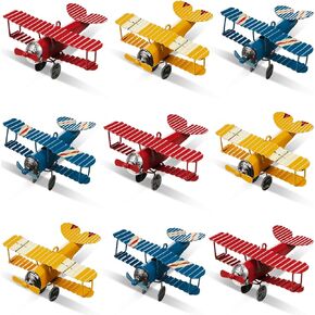 9 Pcs Metal Airplane Decorations Hanging Iron Biplane Vintage Airplane Models Retro Plane Aircraft for Christmas Birthday Home Decor Room Desktop Ornament Photo Props, Red Blue Yellow