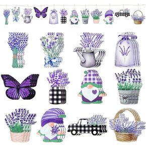 WATINC 37pcs Lavender Spring Wood Hanging Ornament, Summer Wooden Flowers Crafts Hang Decorations, Gnome Floral Tree Ornaments with Rope for Home Kitchen Holiday Party Decor Supplies (12 Styles)