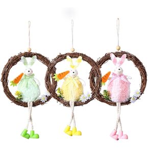 سعيد عيد الفصح شنقا علامة الباب الملونة الأرنب الأرنب علامة 6.3 بوصة في قطر الباب الديكور ريفي عيد الفصح القش إكليل علامة لعيد الفصح الربيع عطلة ديكور المنزل، مجموعة من 3 in Kuwait