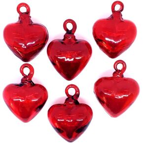 Red Three Sizes Hanging Glass Hearts (Set of 6), Recycled Blown Glass (3-Sizes Hearts)