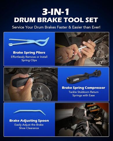 Orion Motor Tech Drum Brake Tool Kit, 3 pc Drum Brake Adjustment Tool Set with Brake Spring Compressor Tool and Brake Spoon, Double Ended Brake Spring Pliers for Brake Spring Removal and Installation in Saudi Arabia