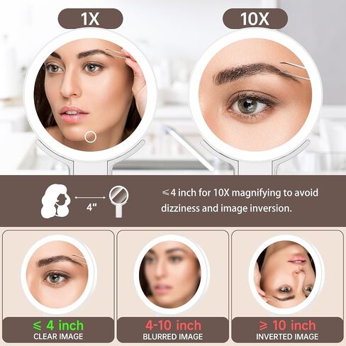 مرآة مكبرة محمولة مع ضوء، مرآة مكياج للسفر على الوجهين مع تكبير 1X/10X 3 في 1 مكتب محمول باليد ومرآة مضيئة معلقة 3 ألوان خفيفة وتعتيم الضوء للمنزل والسفر in Saudi Arabia