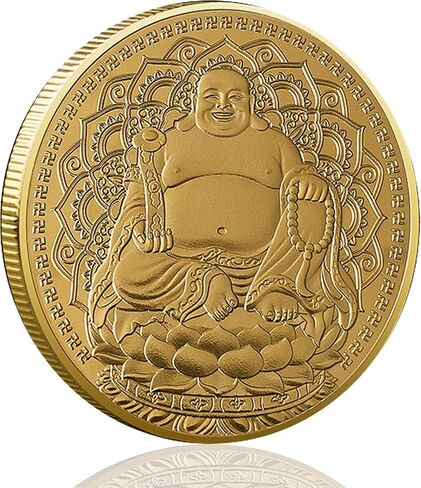 1.57-inch Gold Plated Lucky Coin with Transparent Protective Case, Featuring Smiling Maitreya Buddha on A Lotus Throne in Saudi Arabia