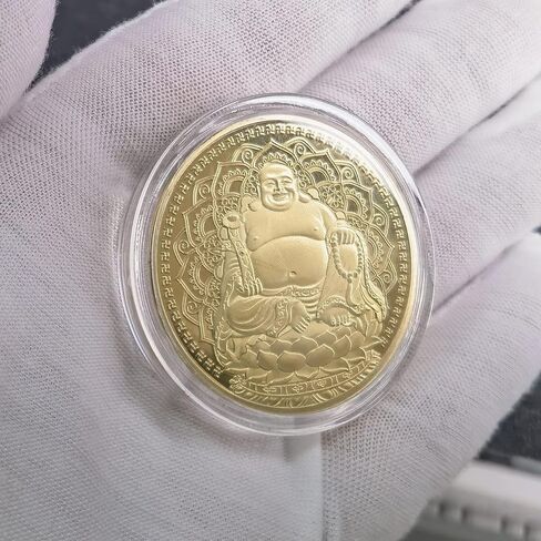 1.57-inch Gold Plated Lucky Coin with Transparent Protective Case, Featuring Smiling Maitreya Buddha on A Lotus Throne in Saudi Arabia