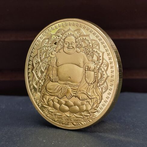 1.57-inch Gold Plated Lucky Coin with Transparent Protective Case, Featuring Smiling Maitreya Buddha on A Lotus Throne in Saudi Arabia