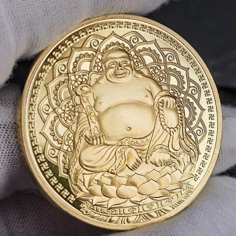 1.57-inch Gold Plated Lucky Coin with Transparent Protective Case, Featuring Smiling Maitreya Buddha on A Lotus Throne in Saudi Arabia