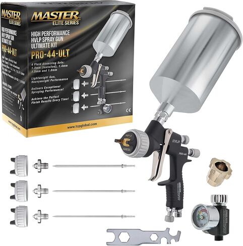Master Elite High Performance PRO-44 Series HVLP Spray Gun Ultimate Kit with 4 Fluid Tip Sets 1.3, 1.4, 1.5 and 1.8mm and Air Pressure Regulator Gauge - Automotive Basecoats, Clearcoats, Primers in Saudi Arabia