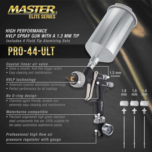 Master Elite High Performance PRO-44 Series HVLP Spray Gun Ultimate Kit with 4 Fluid Tip Sets 1.3, 1.4, 1.5 and 1.8mm and Air Pressure Regulator Gauge - Automotive Basecoats, Clearcoats, Primers in Saudi Arabia