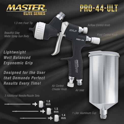 Master Elite High Performance PRO-44 Series HVLP Spray Gun Ultimate Kit with 4 Fluid Tip Sets 1.3, 1.4, 1.5 and 1.8mm and Air Pressure Regulator Gauge - Automotive Basecoats, Clearcoats, Primers in Saudi Arabia