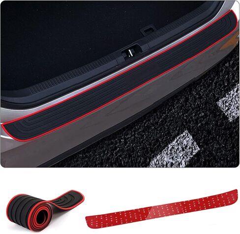 واقي المصد الخلفي للسيارة، واقيات دخول باب صندوق السيارة من المطاط العالمي المقاوم للخدش، شريط حماية صندوق السيارة مع شريط 3M، 35.43 × 2.95 بوصة، حدود حمراء + شعار رياضي أسود in Kuwait