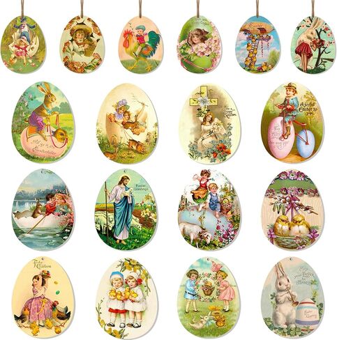 OurWarm 36PCS Vintage Wooden Easter Tree Ornaments, 18 Styles Easter Tree Decorations Egg Shape Wood Cutouts with Ropes, Retro Easter Decor for Small Tree Farmhouse Wall Mantel Home Happy Easter Gifts in Saudi Arabia