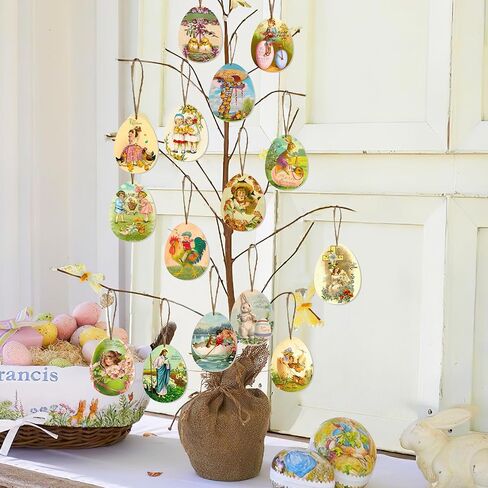 OurWarm 36PCS Vintage Wooden Easter Tree Ornaments, 18 Styles Easter Tree Decorations Egg Shape Wood Cutouts with Ropes, Retro Easter Decor for Small Tree Farmhouse Wall Mantel Home Happy Easter Gifts in Saudi Arabia