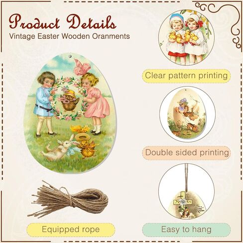 OurWarm 36PCS Vintage Wooden Easter Tree Ornaments, 18 Styles Easter Tree Decorations Egg Shape Wood Cutouts with Ropes, Retro Easter Decor for Small Tree Farmhouse Wall Mantel Home Happy Easter Gifts in Saudi Arabia
