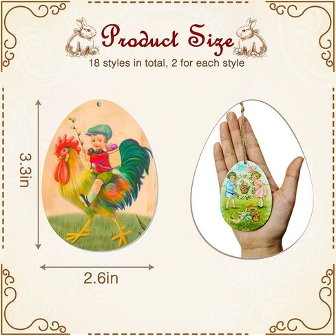 OurWarm 36PCS Vintage Wooden Easter Tree Ornaments, 18 Styles Easter Tree Decorations Egg Shape Wood Cutouts with Ropes, Retro Easter Decor for Small Tree Farmhouse Wall Mantel Home Happy Easter Gifts in Saudi Arabia