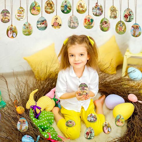 OurWarm 36PCS Vintage Wooden Easter Tree Ornaments, 18 Styles Easter Tree Decorations Egg Shape Wood Cutouts with Ropes, Retro Easter Decor for Small Tree Farmhouse Wall Mantel Home Happy Easter Gifts in Saudi Arabia