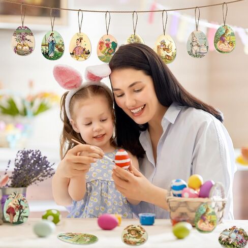 OurWarm 36PCS Vintage Wooden Easter Tree Ornaments, 18 Styles Easter Tree Decorations Egg Shape Wood Cutouts with Ropes, Retro Easter Decor for Small Tree Farmhouse Wall Mantel Home Happy Easter Gifts in Saudi Arabia