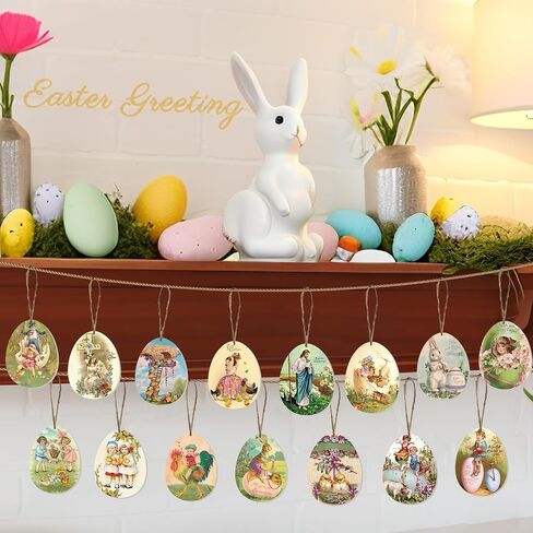 OurWarm 36PCS Vintage Wooden Easter Tree Ornaments, 18 Styles Easter Tree Decorations Egg Shape Wood Cutouts with Ropes, Retro Easter Decor for Small Tree Farmhouse Wall Mantel Home Happy Easter Gifts in Saudi Arabia