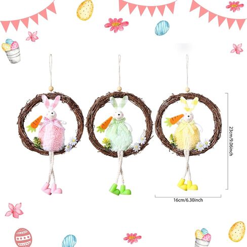 سعيد عيد الفصح شنقا علامة الباب الملونة الأرنب الأرنب علامة 6.3 بوصة في قطر الباب الديكور ريفي عيد الفصح القش إكليل علامة لعيد الفصح الربيع عطلة ديكور المنزل، مجموعة من 3 in Kuwait