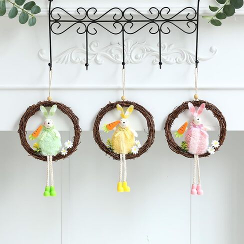 سعيد عيد الفصح شنقا علامة الباب الملونة الأرنب الأرنب علامة 6.3 بوصة في قطر الباب الديكور ريفي عيد الفصح القش إكليل علامة لعيد الفصح الربيع عطلة ديكور المنزل، مجموعة من 3 in Kuwait